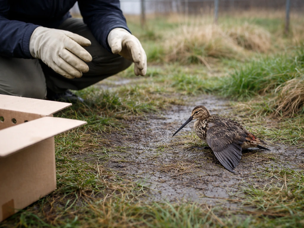 Gloved handler kneels near an injured snipe on wet ground with an open ventilated box nearby.