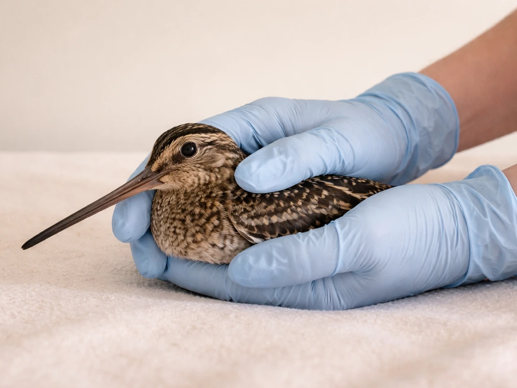Gloved hands gently holding a small snipe with wings pressed close to the body