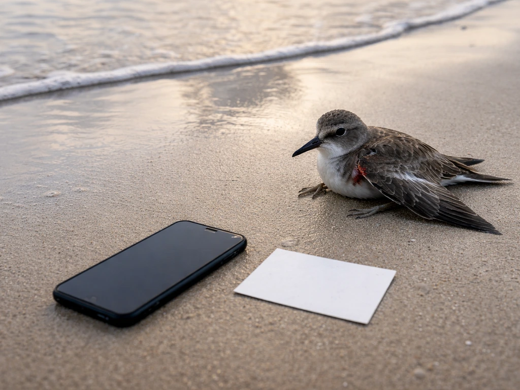 Injured shorebird with a broken wing on wet sand near the phone, calling a wildlife rehabilitator