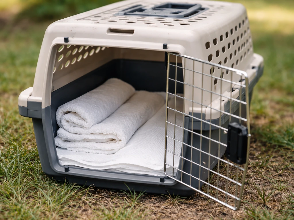 Ventilated wildlife carrier with towel/paper lining ready for safe bird capture, no bird visible.