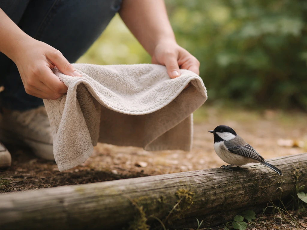 Crouched caretaker holding an open towel as a small bird perches on a low branch nearby.