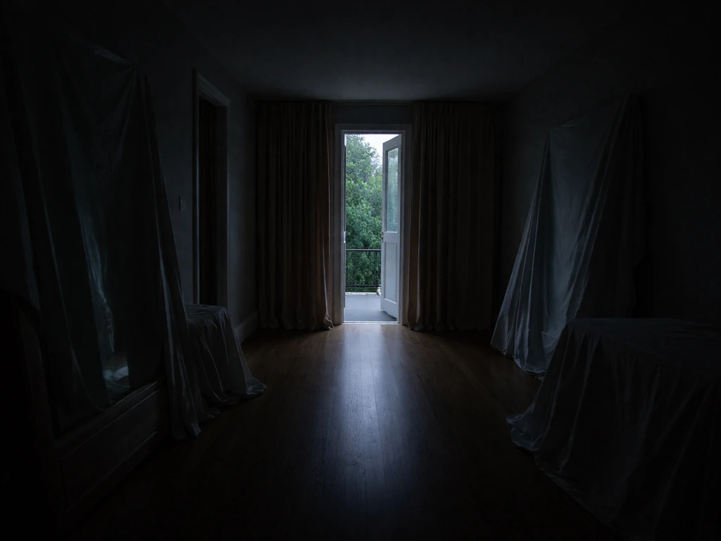 A dark indoor room with curtains drawn and a bright open door showing light outside