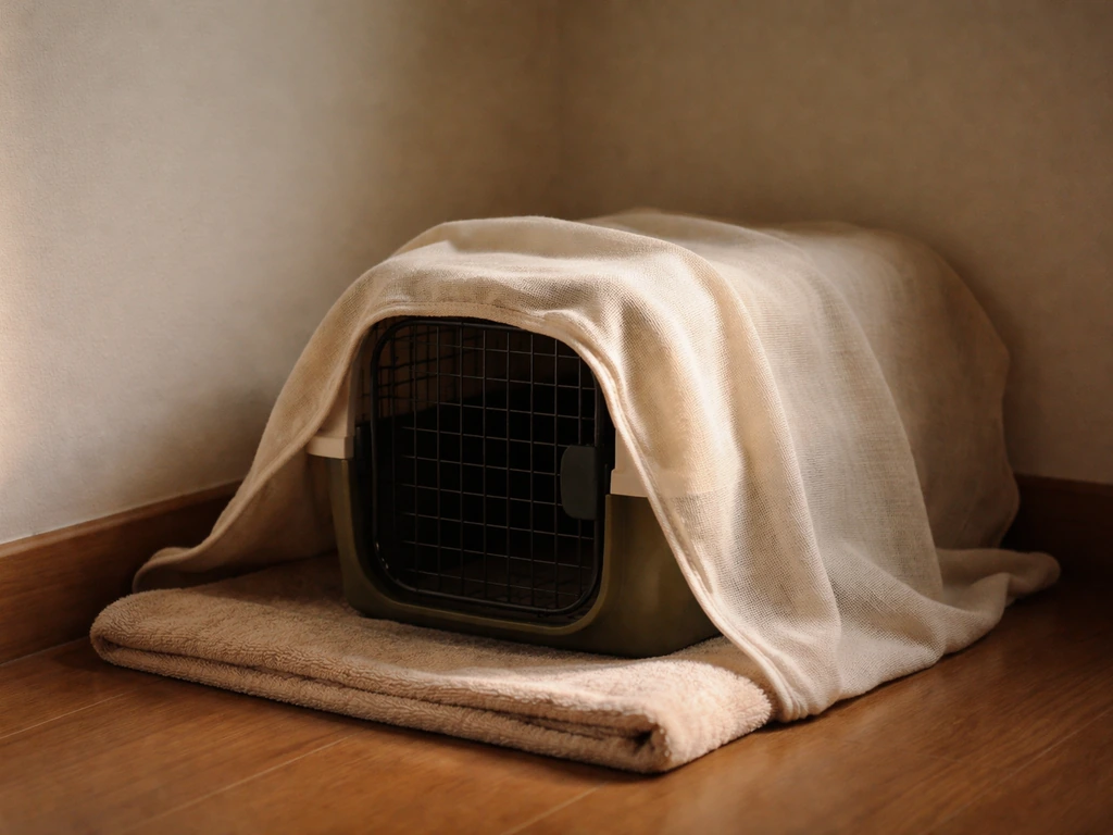 A small bird carrier set in a warm, quiet, dim corner with soft cloth lining