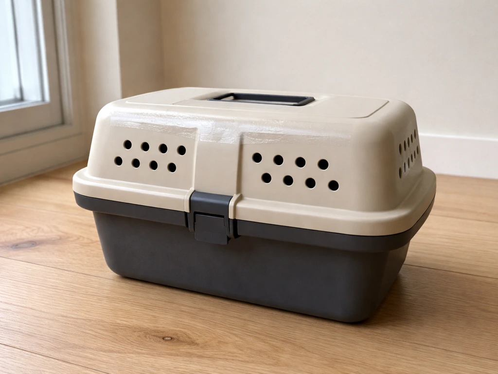 Pet carrier with lid fully latched and small ventilation holes visible, secure escape prevention.