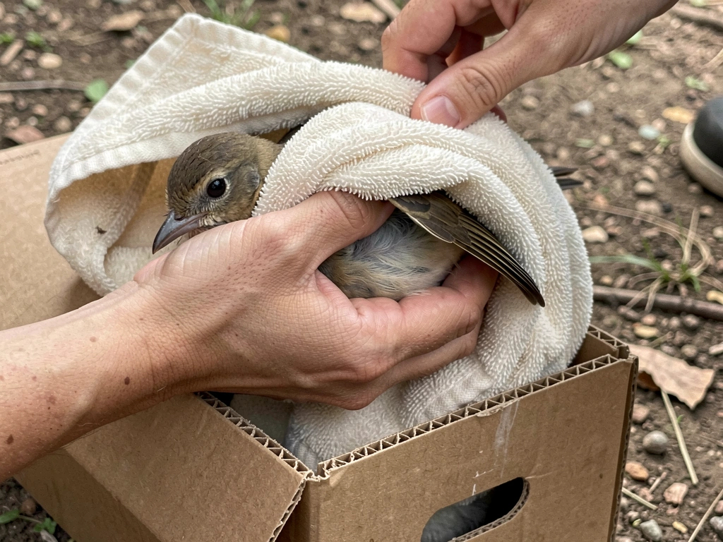 Towel-drape hand capture: one hand supports the bird while placing it into a ventilated box.