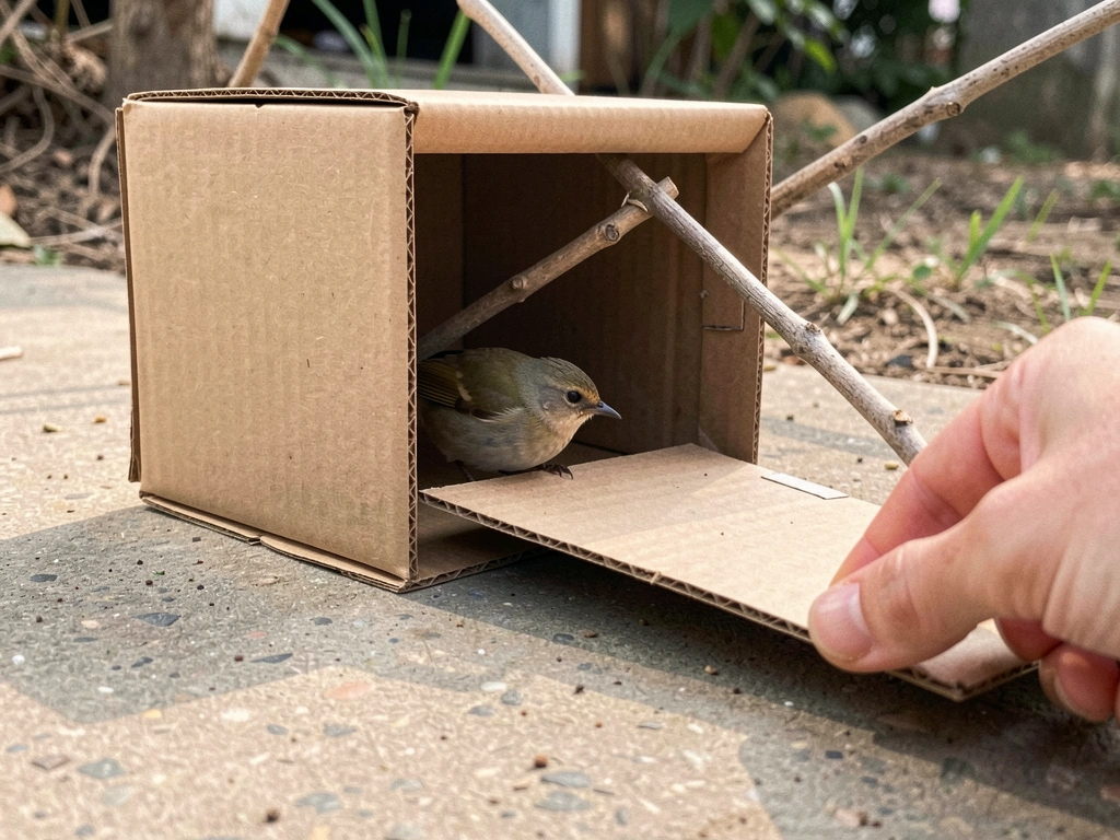 Box-drop capture setup with a propped cardboard box and a flat card ready underneath.
