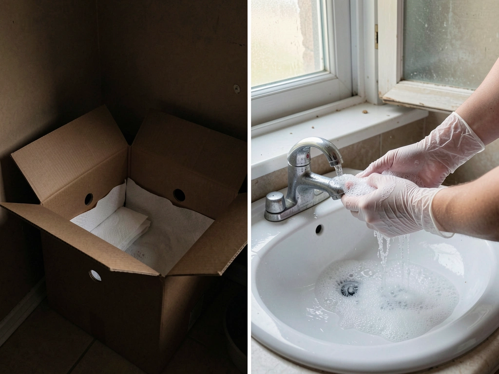 Quiet box set up with air holes and a reminder of immediate handwashing.