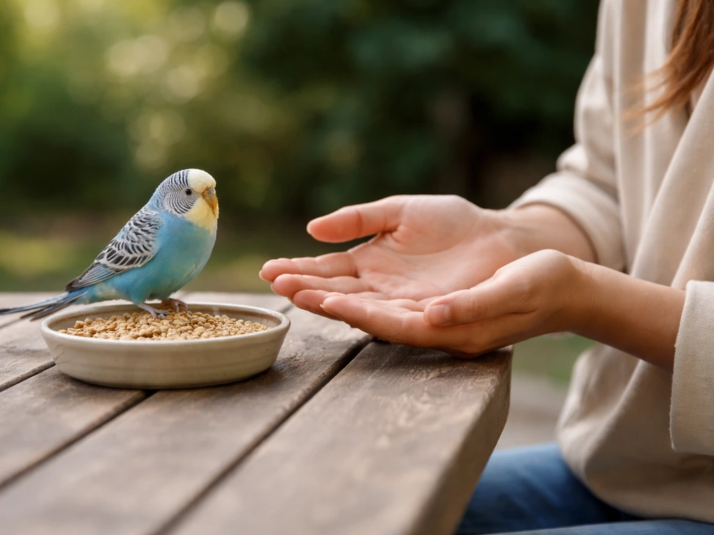 Calm person with open hands near a small pet bird perched on a seed dish outdoors