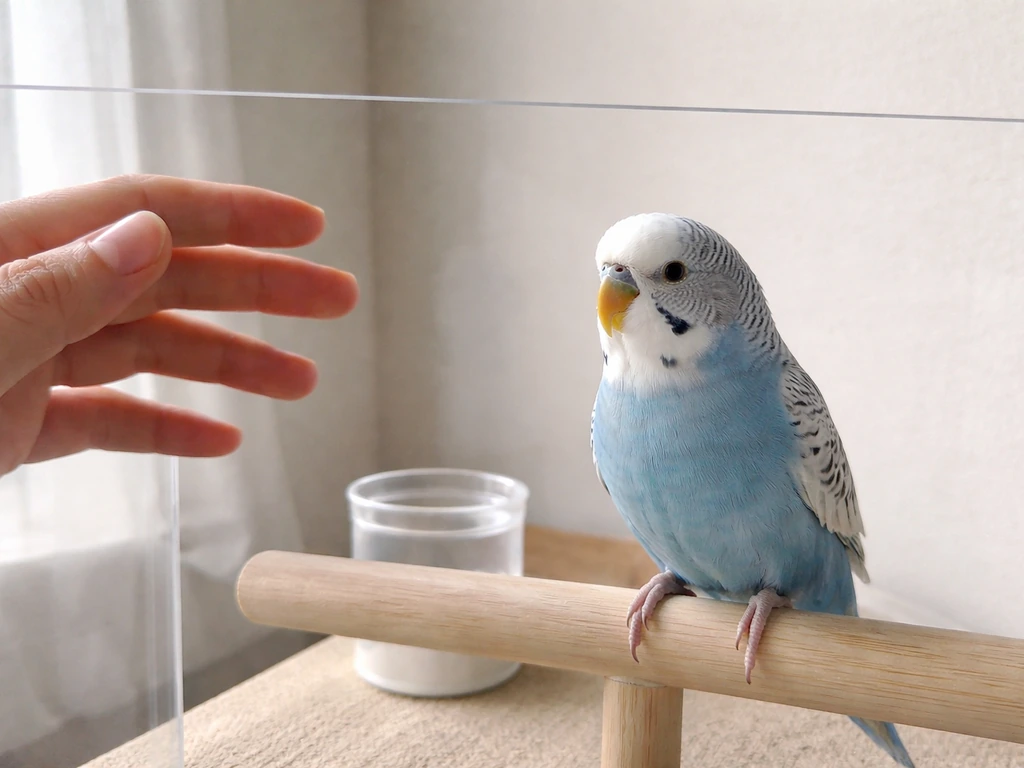 Calm parakeet perched indoors with a relaxed human hand behind an acrylic barrier, showing safe distance
