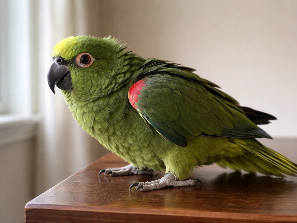 Close-up of a pet parrot displaying stress with tight feathers, slight tail fanning, and a rigid posture.