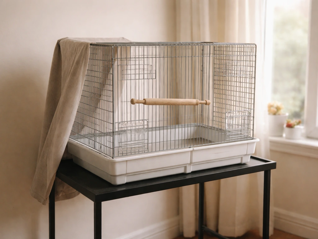 Pet bird cage on a stand at eye level by a window with partway draped cover for a routine