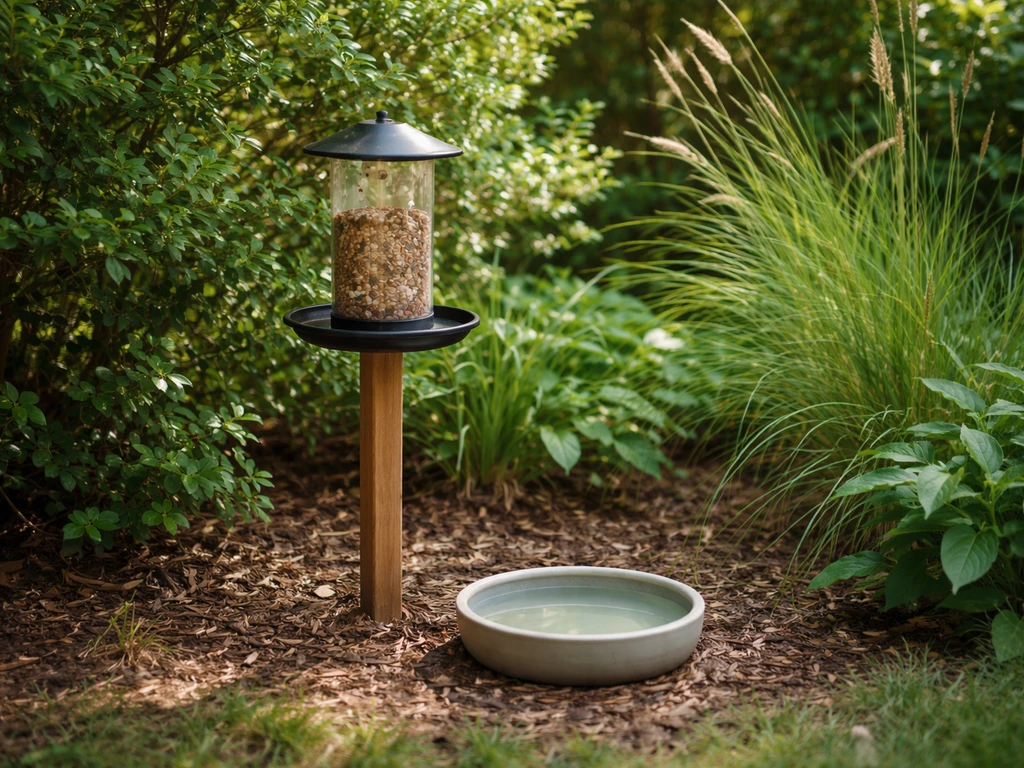 A backyard bird feeder beside a bowl of fresh water and leafy shelter plants in calm natural light.