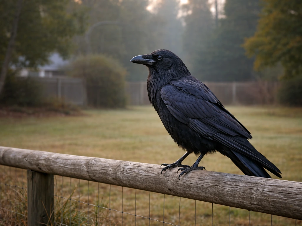 Wild common raven perched in a quiet yard, suggesting safe distance and humane presence.