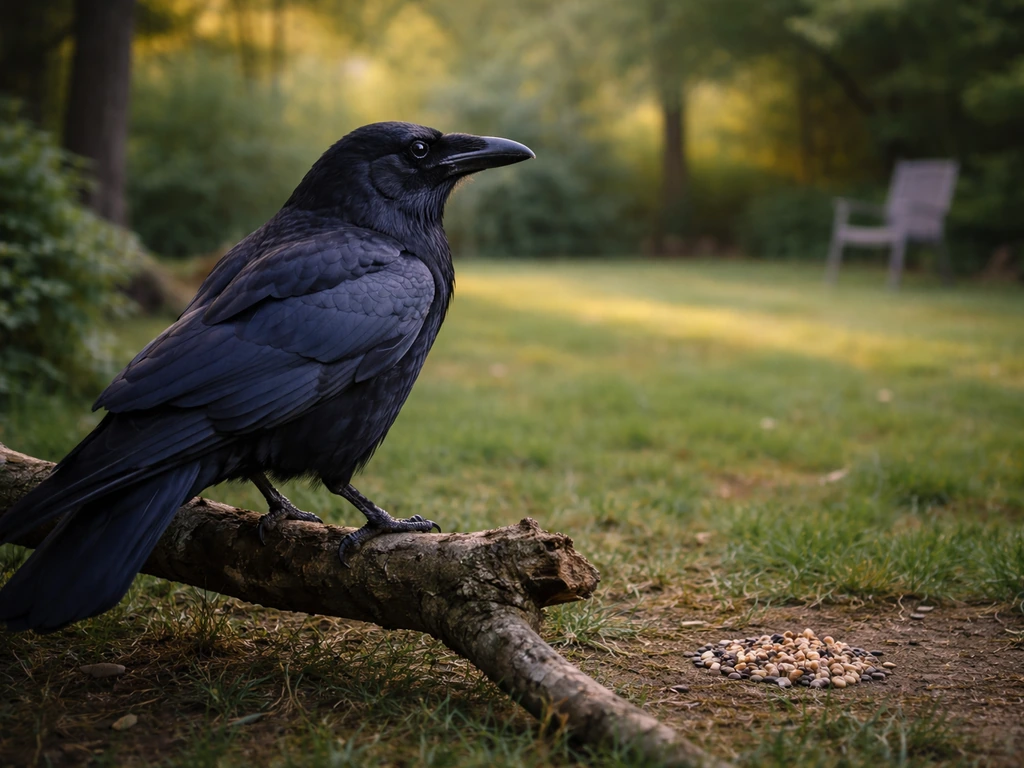 Raven perched near scattered seeds in a quiet garden, calm and unrestrained with no nets or people.