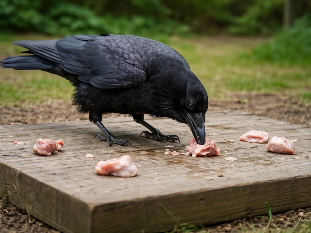 Black raven foraging on a low wooden platform with visible protein-rich food pieces nearby.