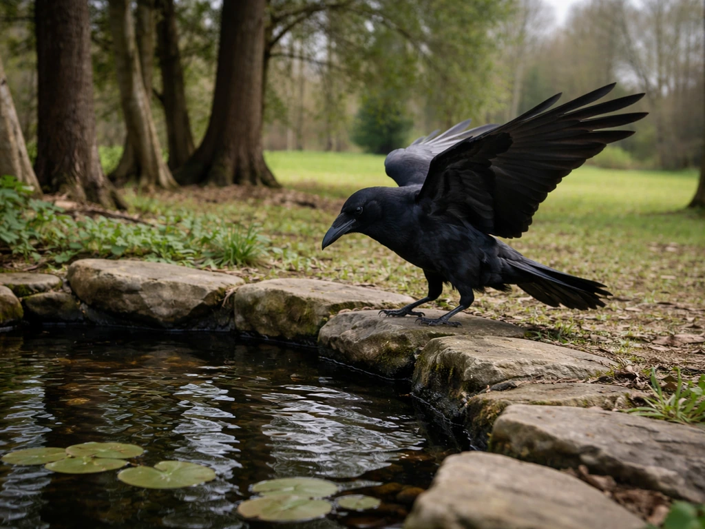 Common raven landing near a small pond at the edge of an open grassy area with tall perching trees.