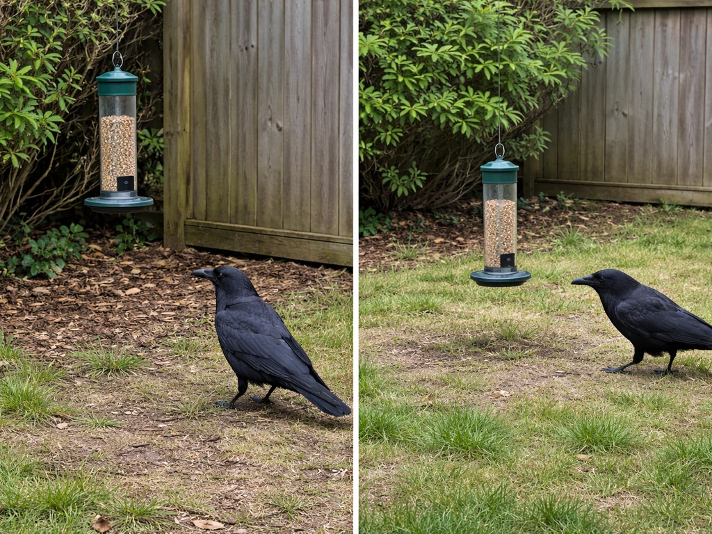 Wild raven hesitates at a feeder near shrubs, with space cleared for easier feeding nearby.