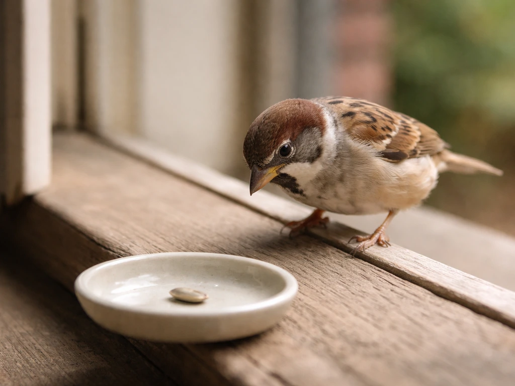 Small sparrow cautiously approaches a safe seed offering on a window ledge outside a doorway.