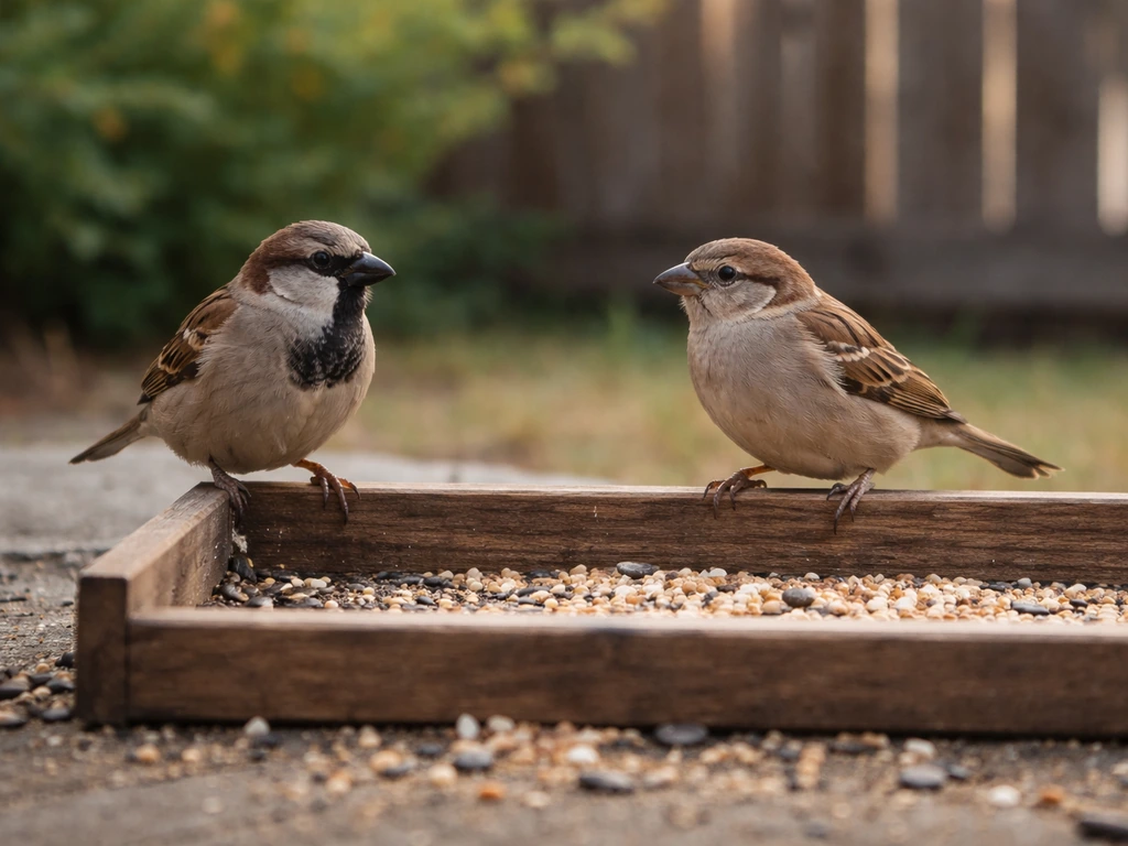 Two look-alike sparrows perched near a bird feeder on a quiet backyard ground.