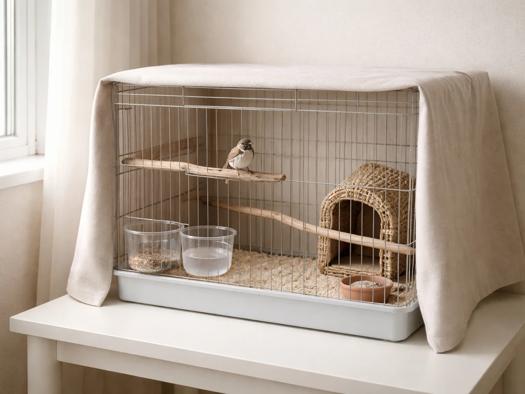 Quiet indoor setup with a small sparrow cage partially covered and placed for calm, low-stimulation rest.