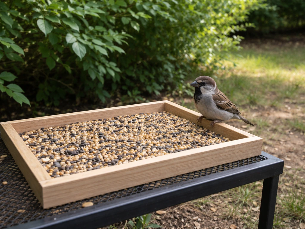 Wild sparrow perched on a flat feeder tray beside dense shrub cover in a quiet backyard.