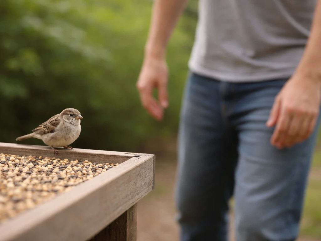 Stressed sparrow at a feeder while a caregiver backs off to reduce alarm behavior.
