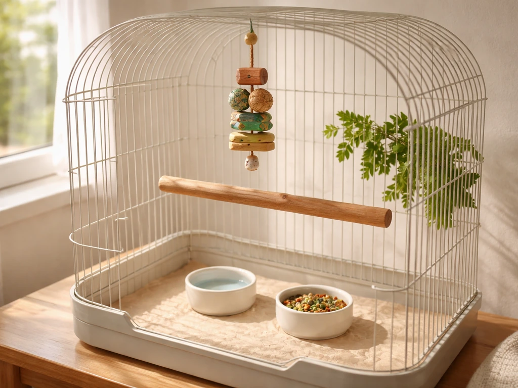 Calm pet bird setup with a clean cage, natural perch, and hanging enrichment in soft natural light.