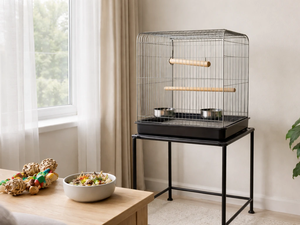 Bright, minimal room setup with a properly sized bird cage by a window, with bowls and simple enrichment.