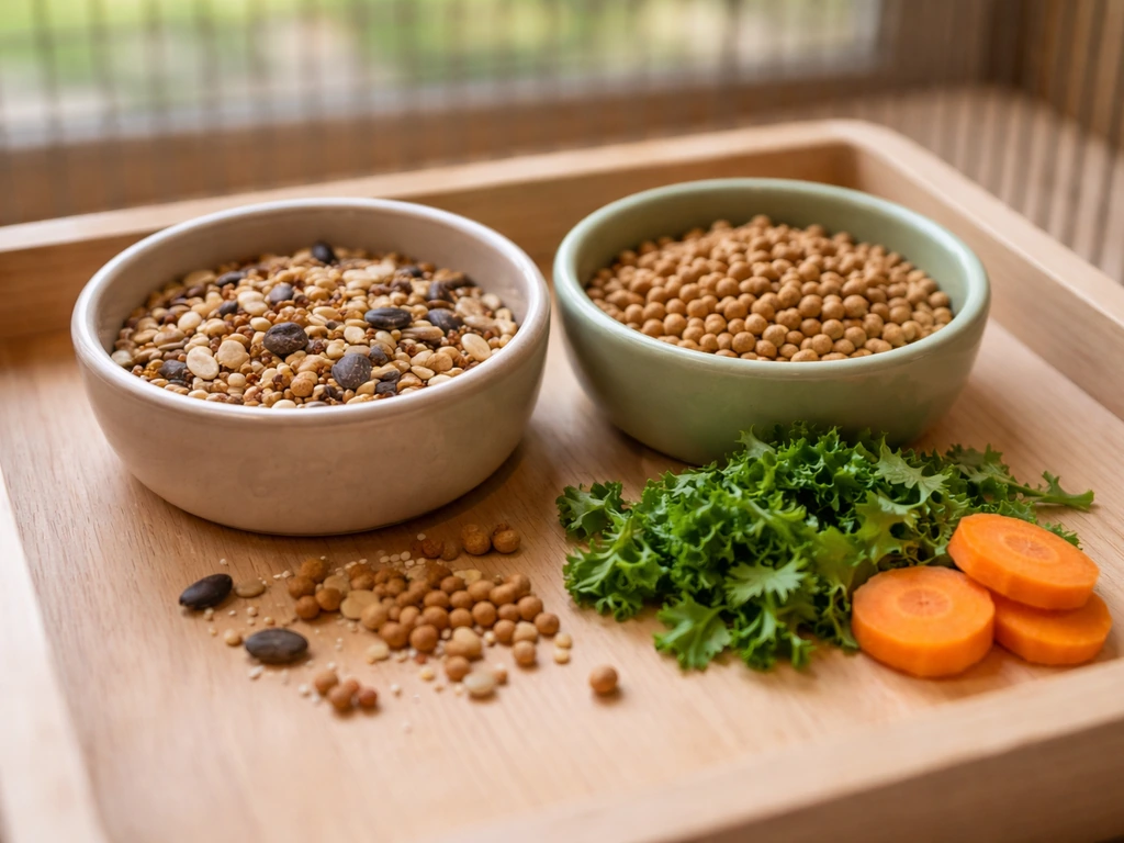 Close-up of a bird-feeding station with measured seeds, pellets, and fresh produce for diet transition