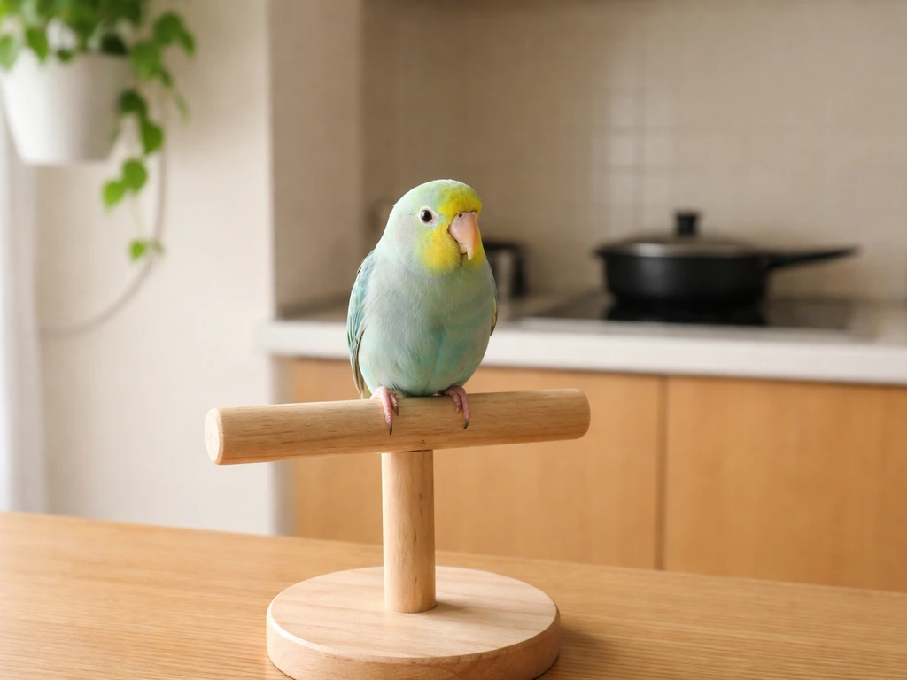 Small pet bird perched on a stand while non-stick cookware is covered on a kitchen counter