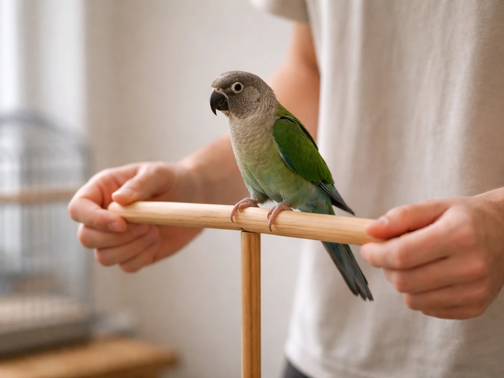 Calm small parrot perched on a wooden training perch while a handler holds it safely