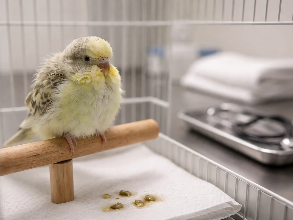 Fluffed pet bird on a perch in a clean avian vet exam room with droppings samples nearby.