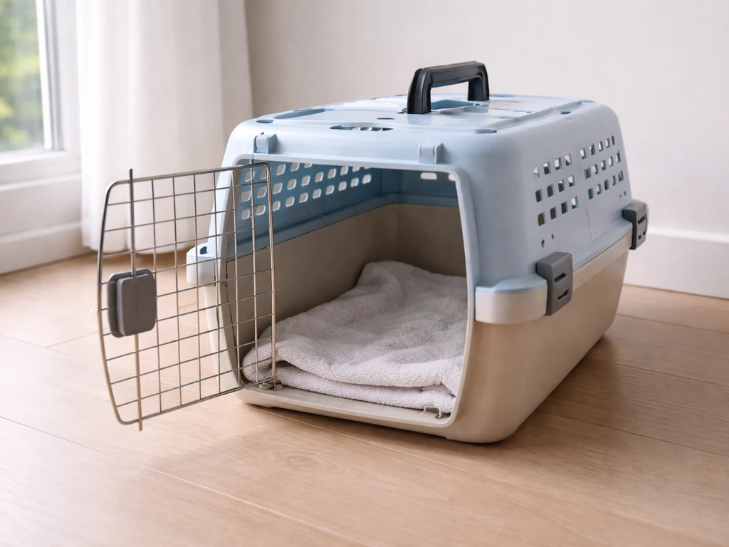 Open ventilated pet carrier lined with a soft towel, ready for a calm humane small-bird rescue