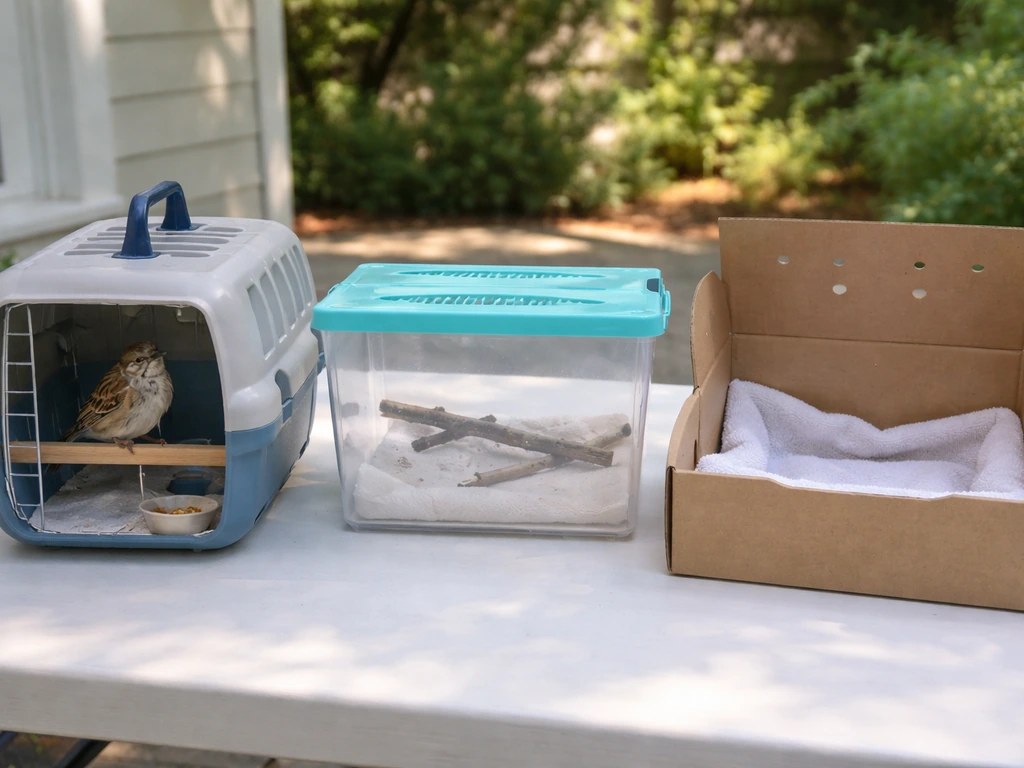 Three small-bird containment options side-by-side with one sparrow perched in a carrier on a table