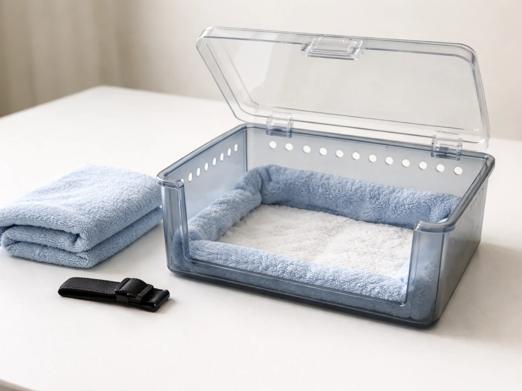 Close-up of a small lined animal catch container with ventilation holes and an open entry flap on a table.