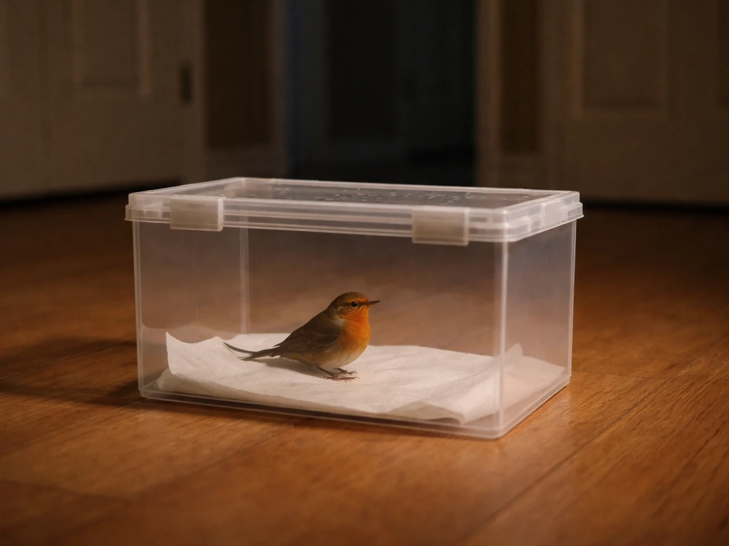 Small bird perched inside a clear container in a dim room with closed doors limiting escape routes