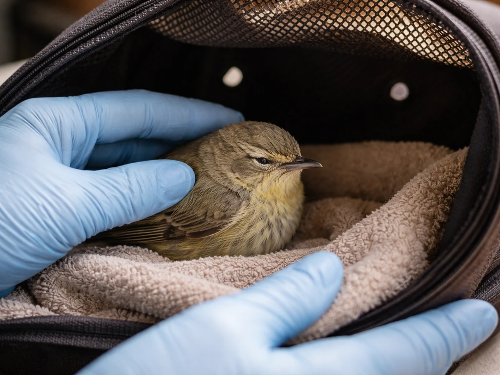 Gloved hands gently settling a small bird inside a dark quiet transport container