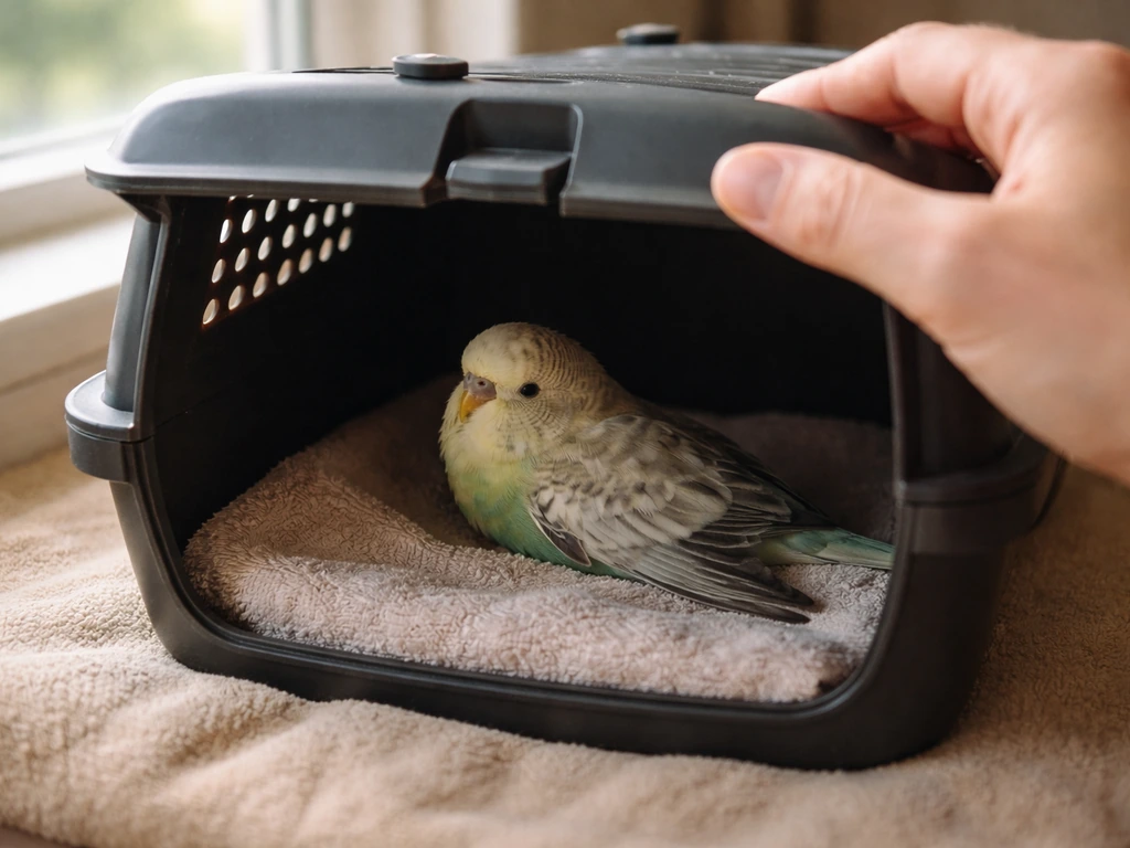 Close-up of a small bird resting calmly in a dark travel container while a hand gently checks posture