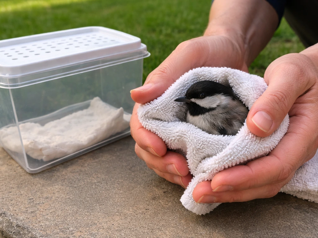 Anonymous hands gently support a small wild bird with a towel; a ventilated container sits nearby.