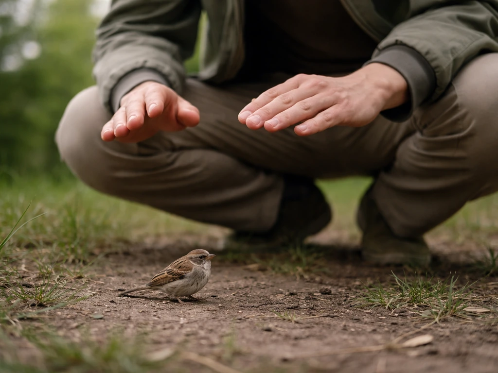 Anonymous kneeling hands raised above a small wild bird on the ground, pausing before reaching down.