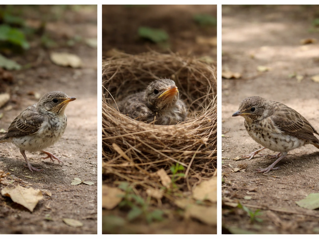 Fledgling hopping on ground, nestling alone in a small nest, and an injured adult bird with impaired stance.