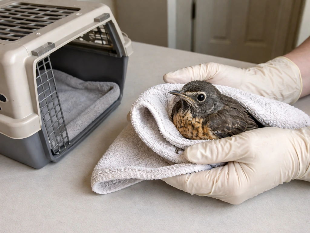 Gloved hands holding a wild bird gently over a towel, with a ventilated transport box nearby