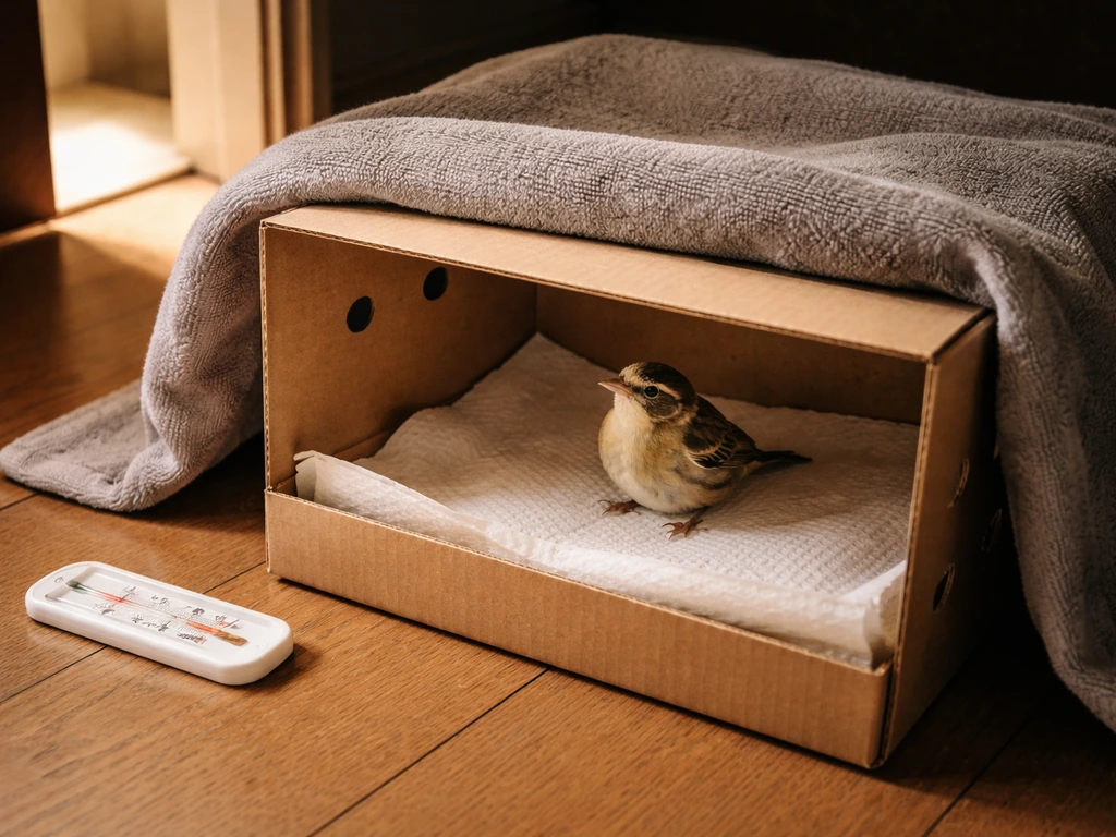 A small bird rests in a ventilated lined cardboard box in a dim quiet room with a nearby thermometer.