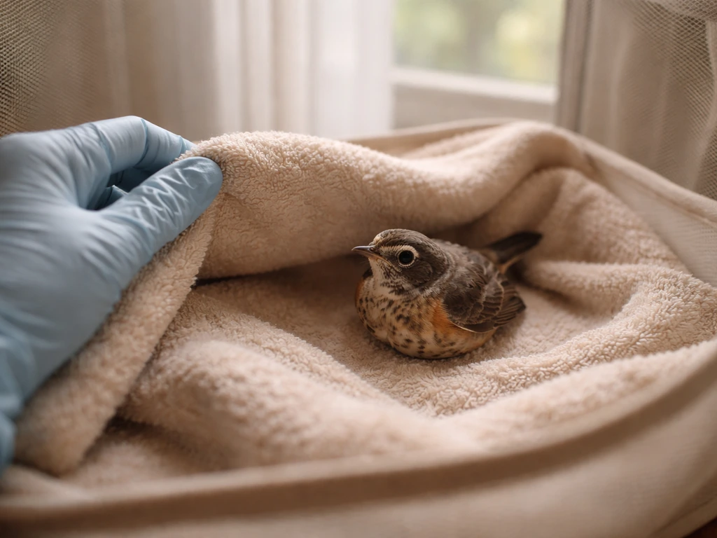 A small wild bird rests quietly in a towel-lined recovery enclosure with a caregiver nearby.