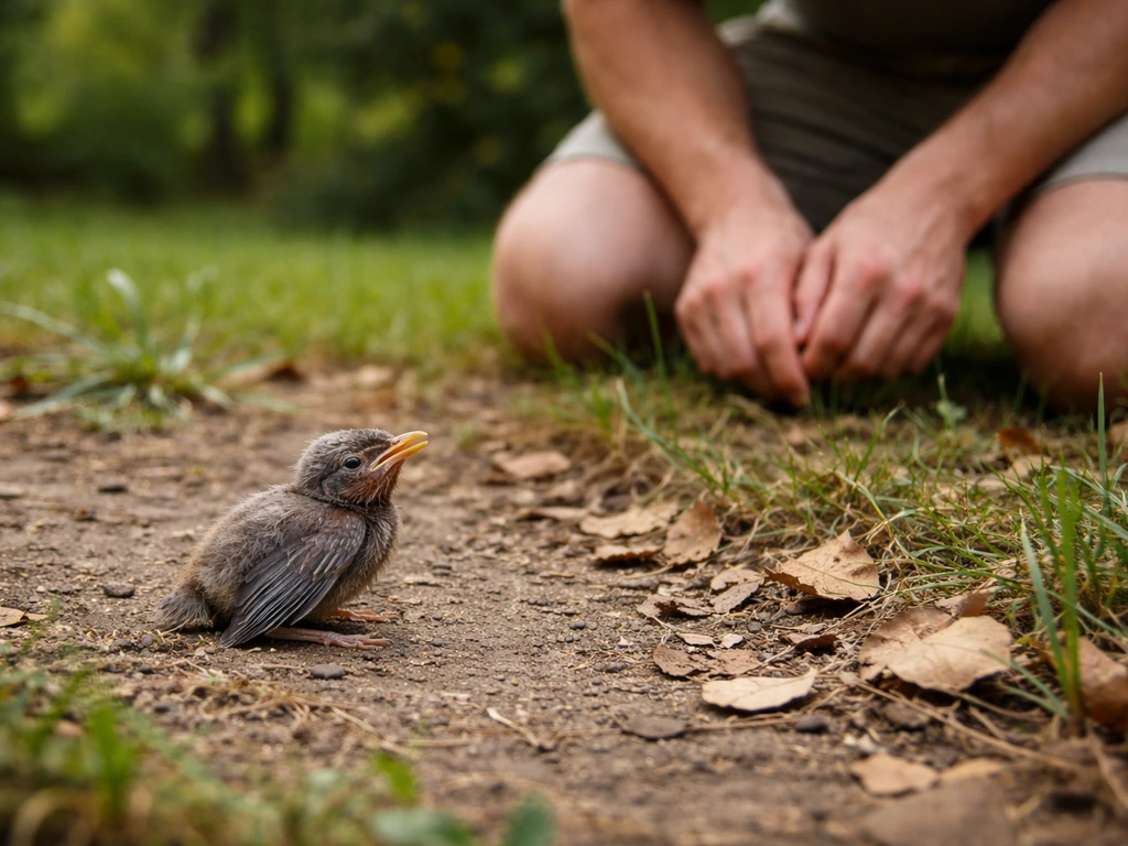 Person observing a featherless young wild bird from a safe distance outdoors