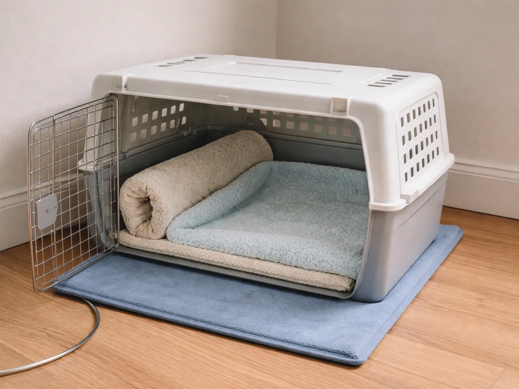 Simple bird recovery enclosure with soft bedding and a heating pad under one side