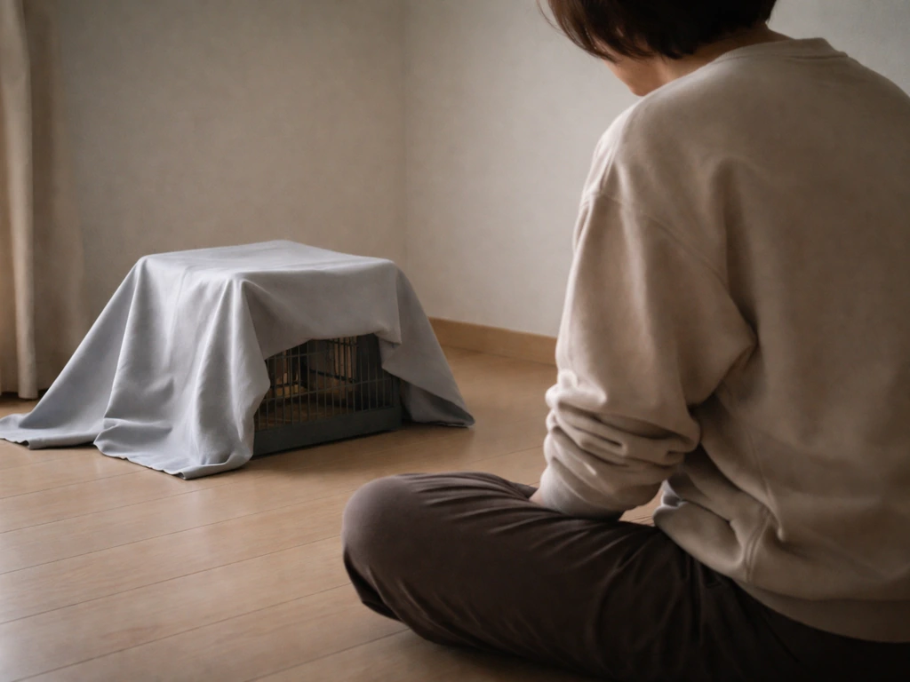 Anonymous person sitting low beside a covered bird enclosure, hands relaxed, no touching or eye contact.