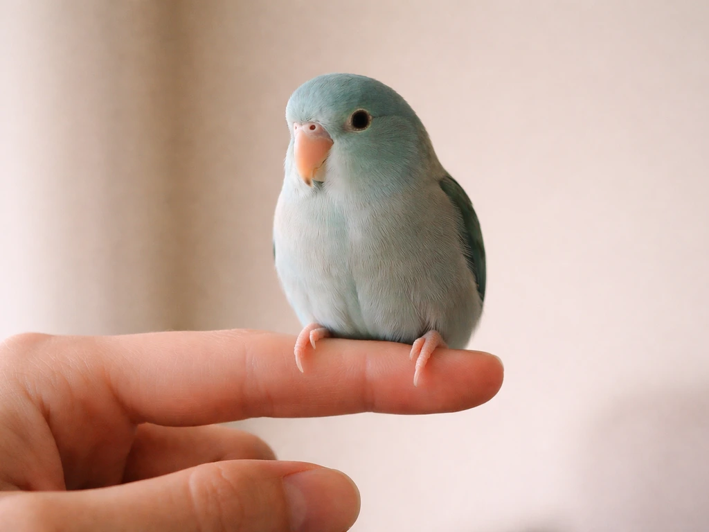 A small bird calmly perched near a person’s index finger under its chest in a safe, still moment.