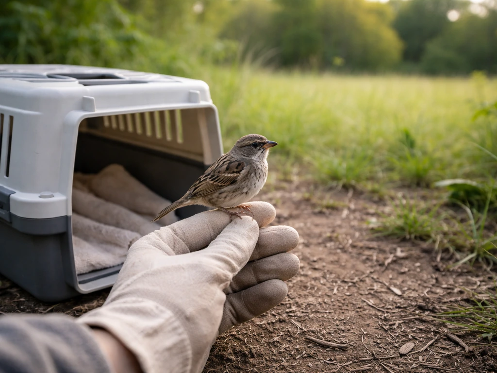 Hands holding a small wild bird near an open release container outdoors in a natural habitat