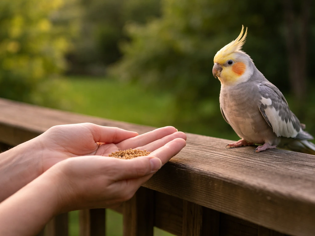Person holds a treat near a perched bird in a calm backyard training moment, no kissing.